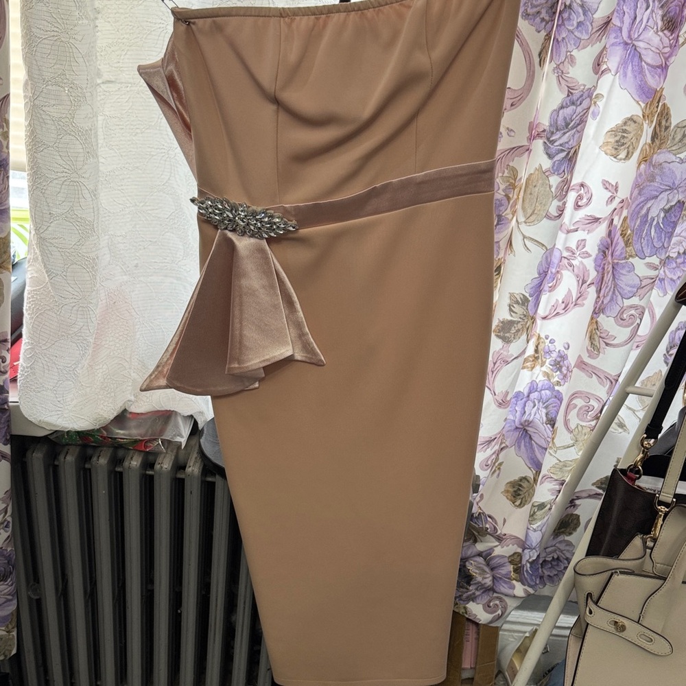 Camel Strapless Sheath Dress with Decorative Waist Accent